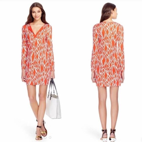 Diane Von Furstenberg Reina Ikat Print Silk Long Sleeve Tunic Dress Sz 10 Jersey - Picture 14 of 14